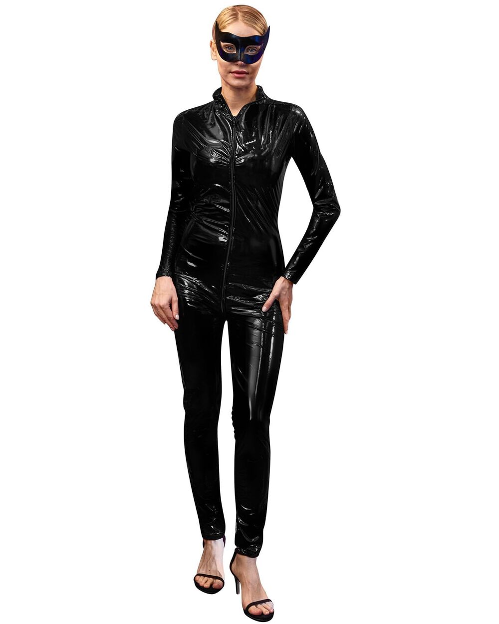 7235 Cat Suit Black Catsuit with Cat Half Mask Front Zipper Shiny